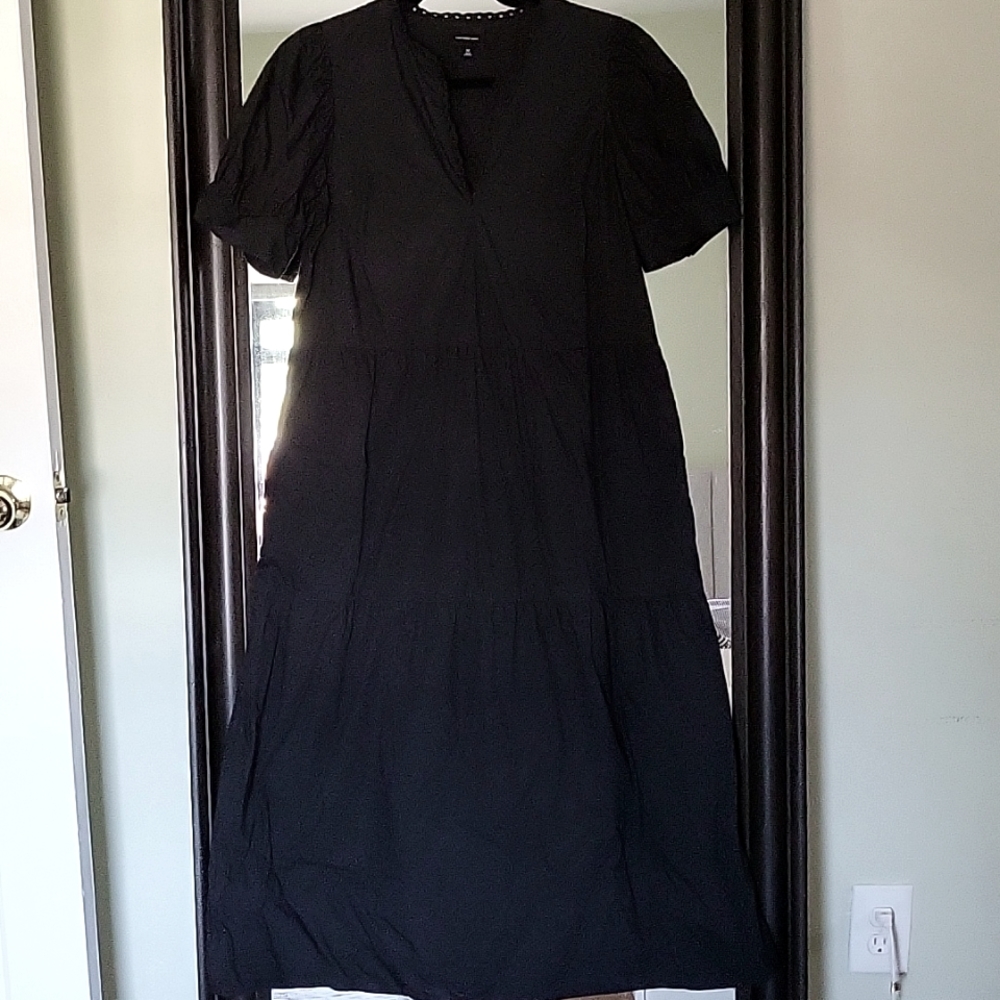 Black puff sleeve midi dress